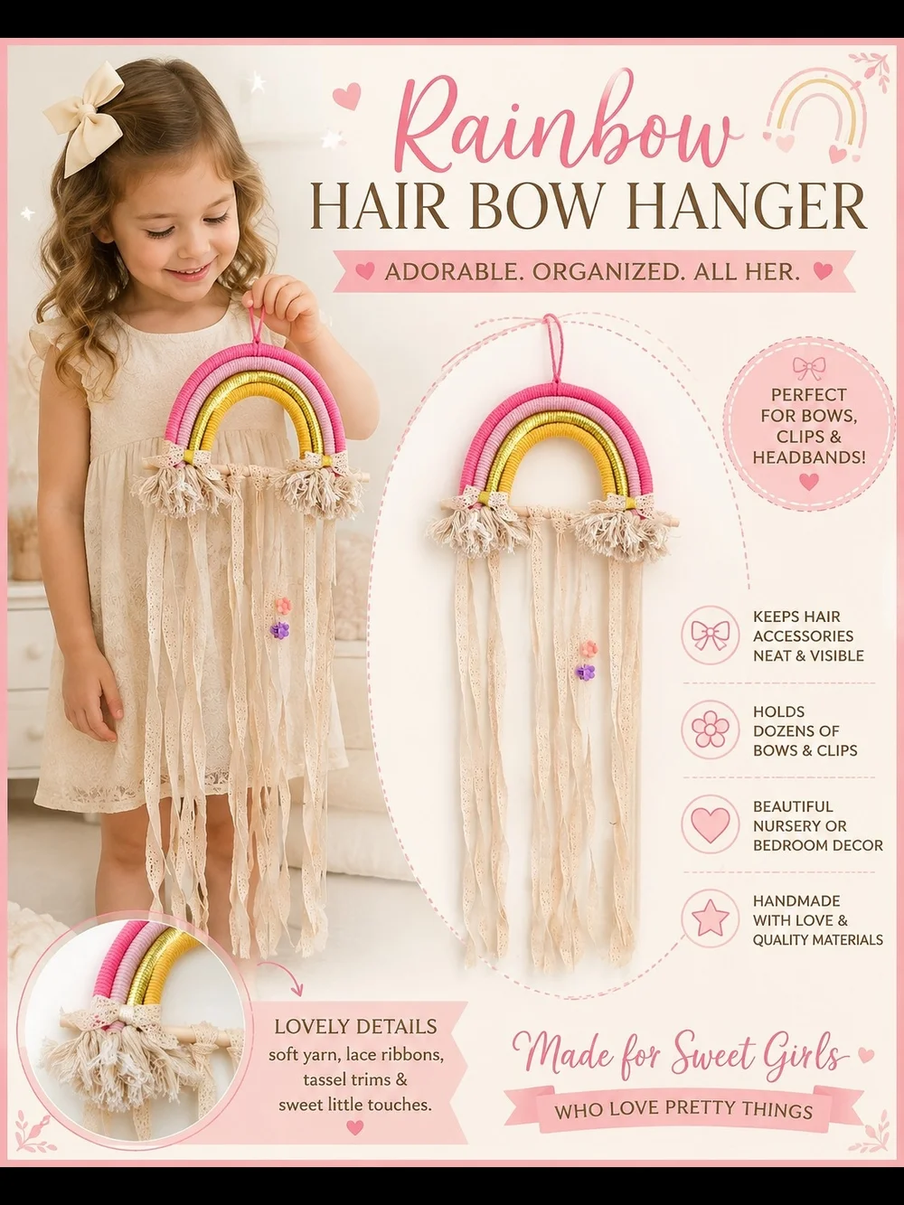 Rainbow Hair Bow Hanger for Kids - Pink, Yellow & Cream